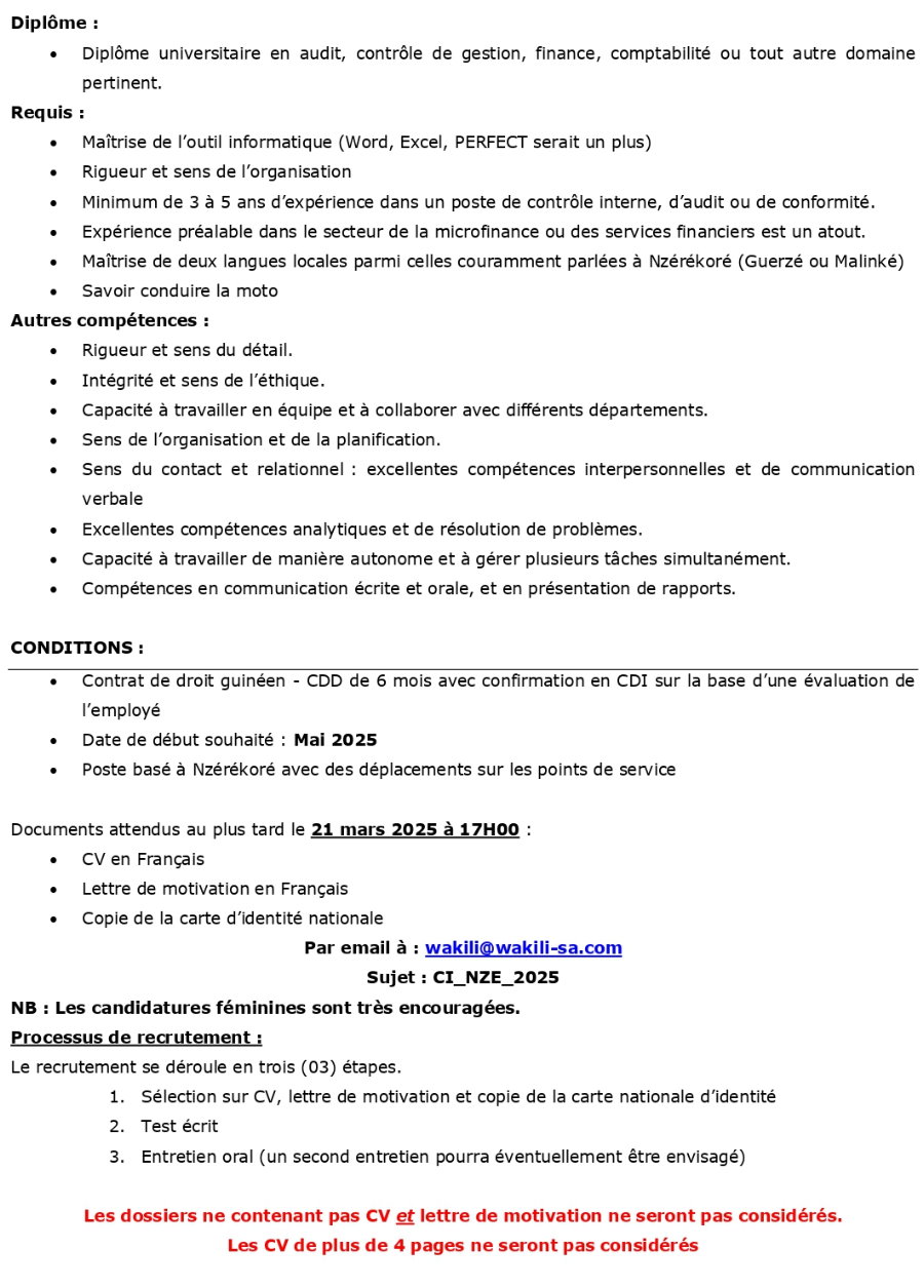 Avis De Recrutement D'un Contrôleur interne Basé à Nzérékoré, Guinée | Page 3