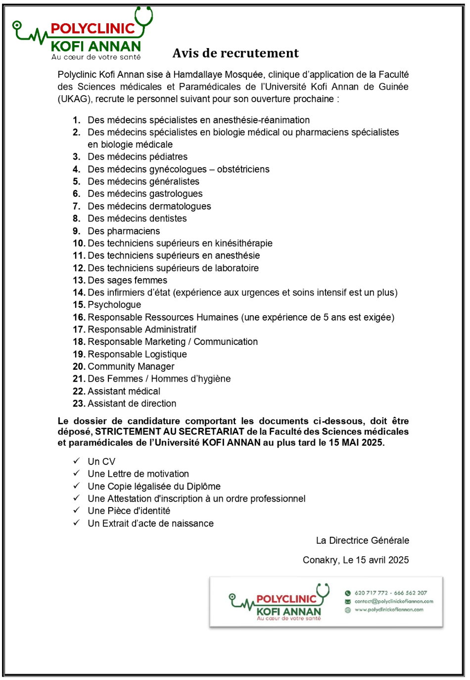 Avis de recrutement du personnel de la polyclinic Kofi Annan | Page 1