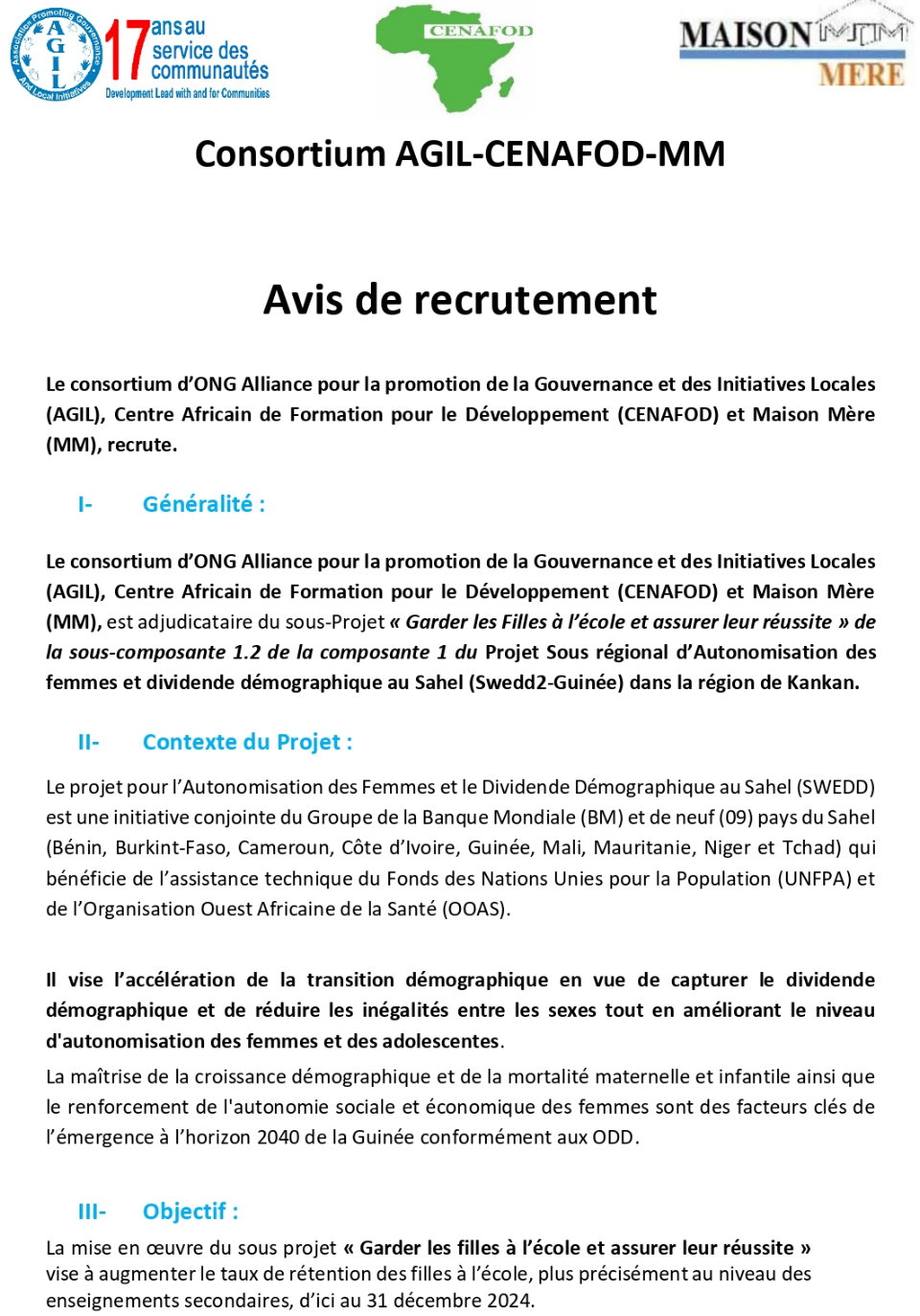 Avis de recrutement de plusieurs postes (Projet Education) | Page 1
