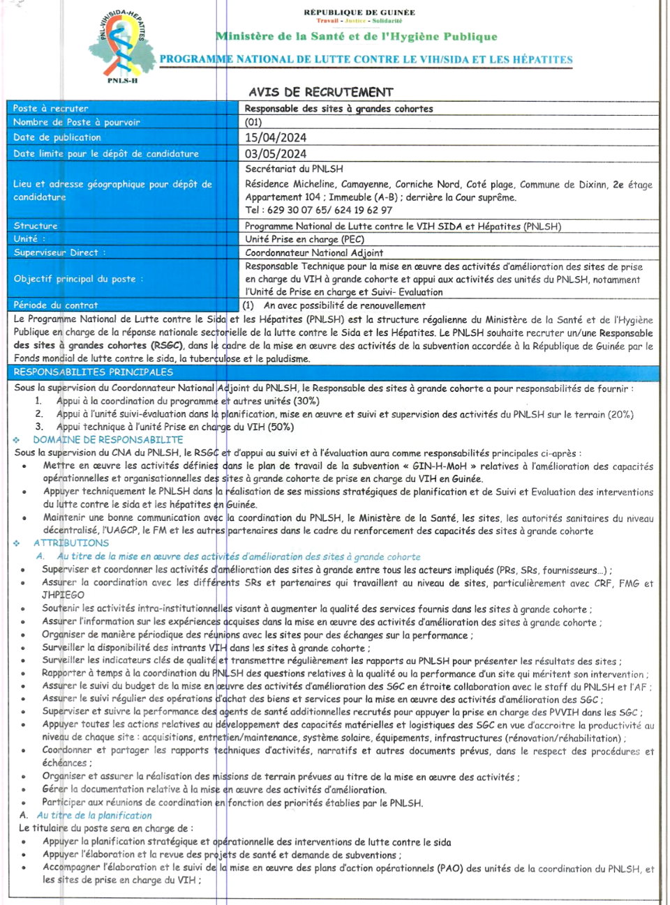 Avis de recrutement d'un Responsable des sites à grandes cohortes | Page 1