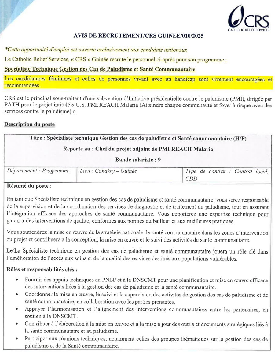 Avis de recrutement d'un spécialiste technique de gestion des cas de paludisme et santé communautaire (h/f) | Page 1