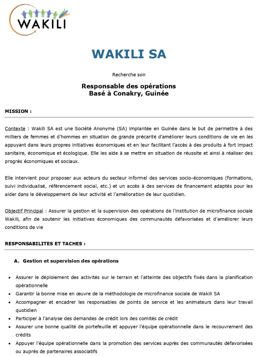 Avis de Recrutement D'un Responsable des opérations Basé à Conakry, Guinée | Page 1