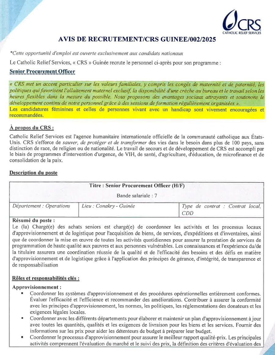 Avis de Recrutement D'un Senior Procurement Officer (H/F) | Page 1