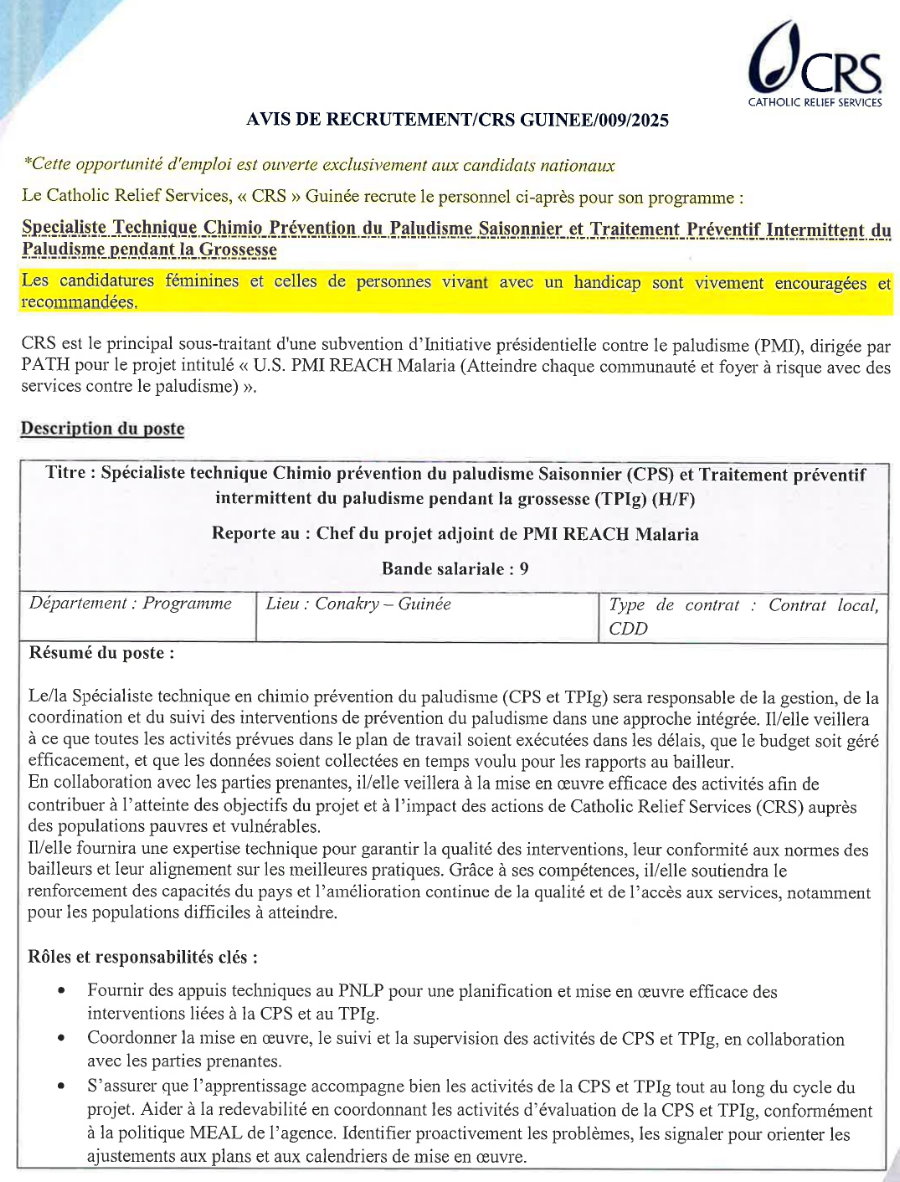 Avis de recrutement d'un Spécialiste Technique Chimio Prévention du paludisme Saisonnier (CPS) et Traitement préventif intermittent du paludisme pendant la grossesse (TPIg) (H/F) | Page 1