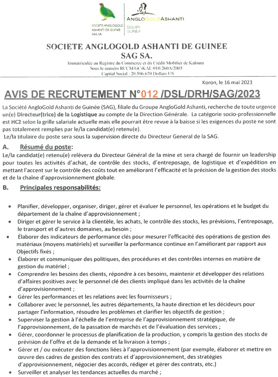 Avis de recrutement d'un(e) Directeur(trice) de la Logistique | Page 1
