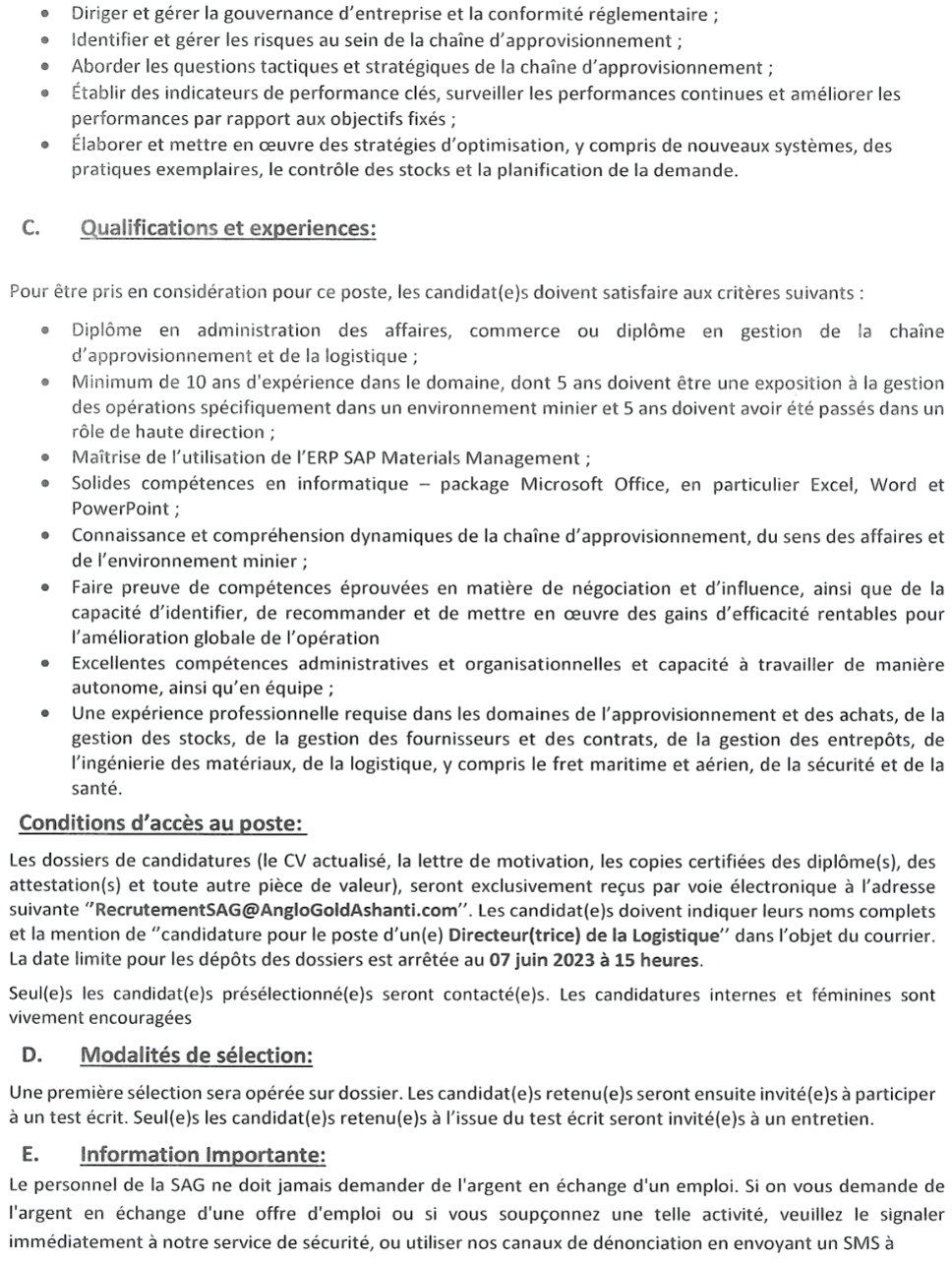 Avis de recrutement d'un(e) Directeur(trice) de la Logistique | Page 2