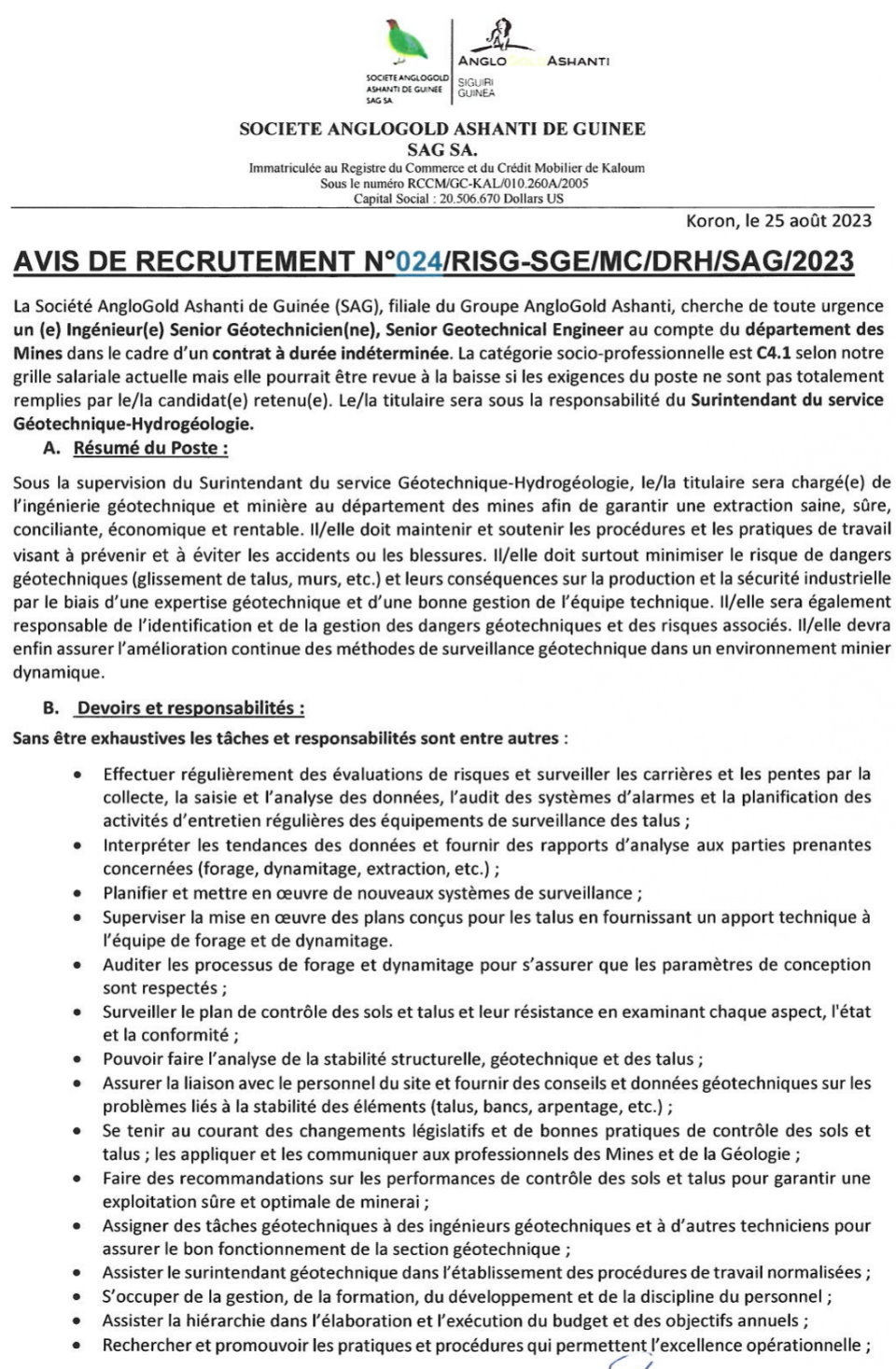 Avis de recrutement d'un (e) Ingénieur(e) Senior Géotechnicien(ne), Senior Geotechnical Engineer au compte du département des Mines | Page 1
