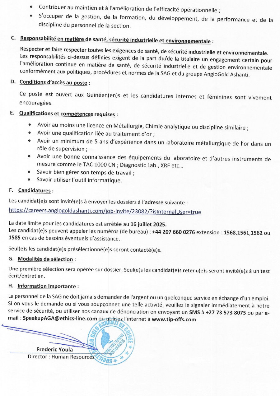  Avis de recrutement d'un(e) Superviseur(e) Senior de Laboratoire au compte du département de Traitement (Processing) | Page 2
