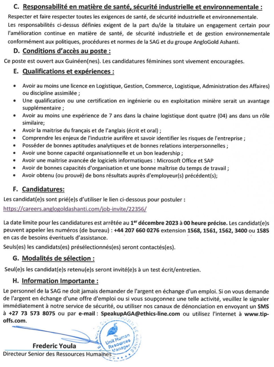 Avis de recrutement d'un(e) Surintendant(e) des achats et de la logistique pour les Equipements et Engins miniers (HME Procurement & Logistics Superintendent)  | Page 2