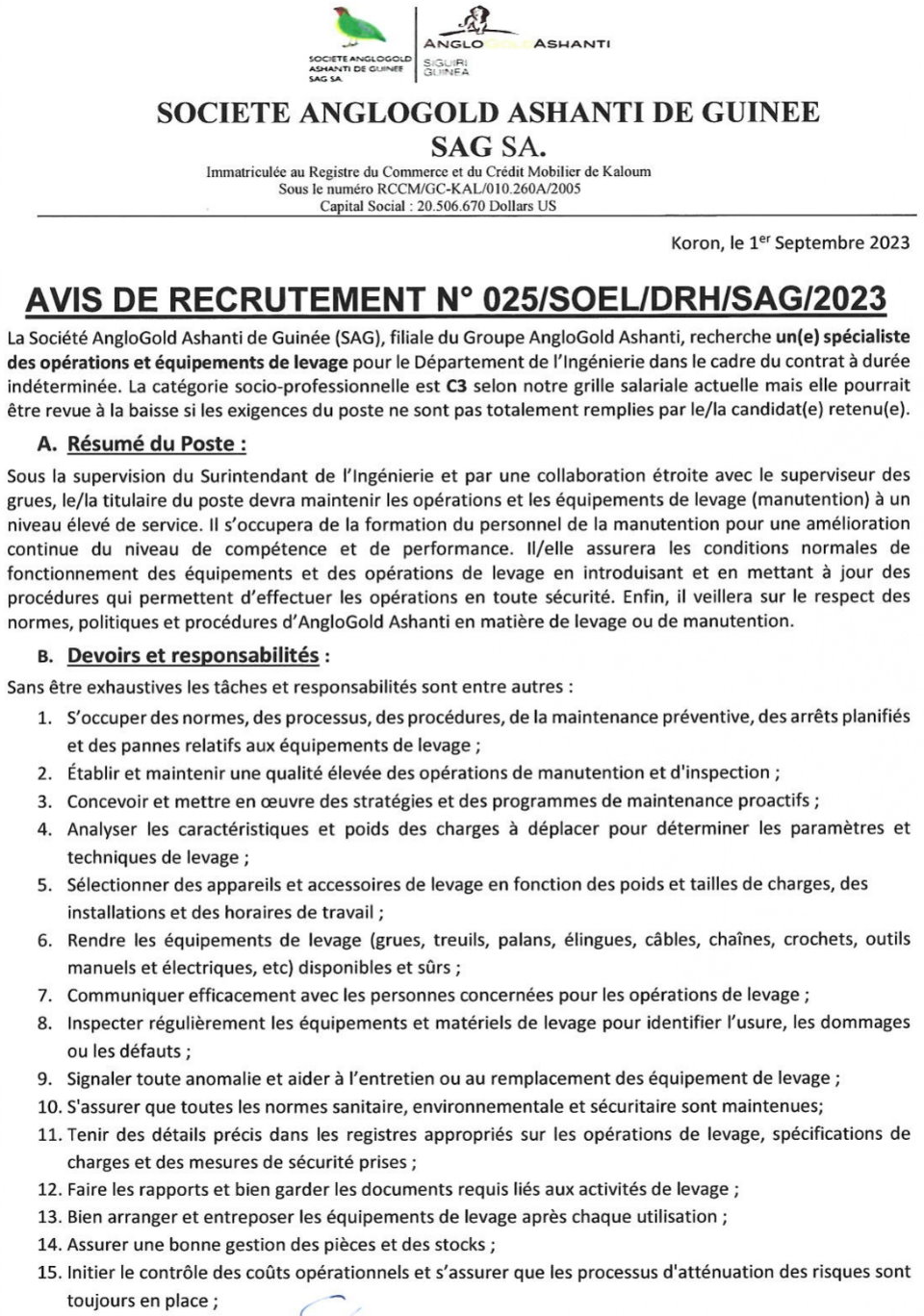 Avis de recrutement d'un(e) spécialiste des opérations et équipements de levage | Page 1