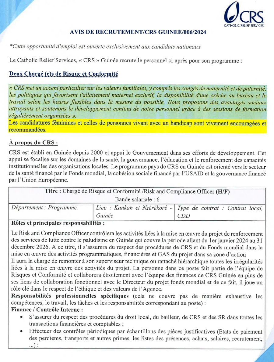 Recrutement de deux (2) chargé(e)s du Risque et Conformité | Page 1