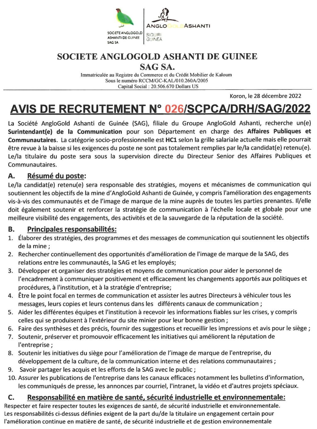 AngloGold Ashanti, recherche un(e) Surintendant(e) de la Communication | Page 1
