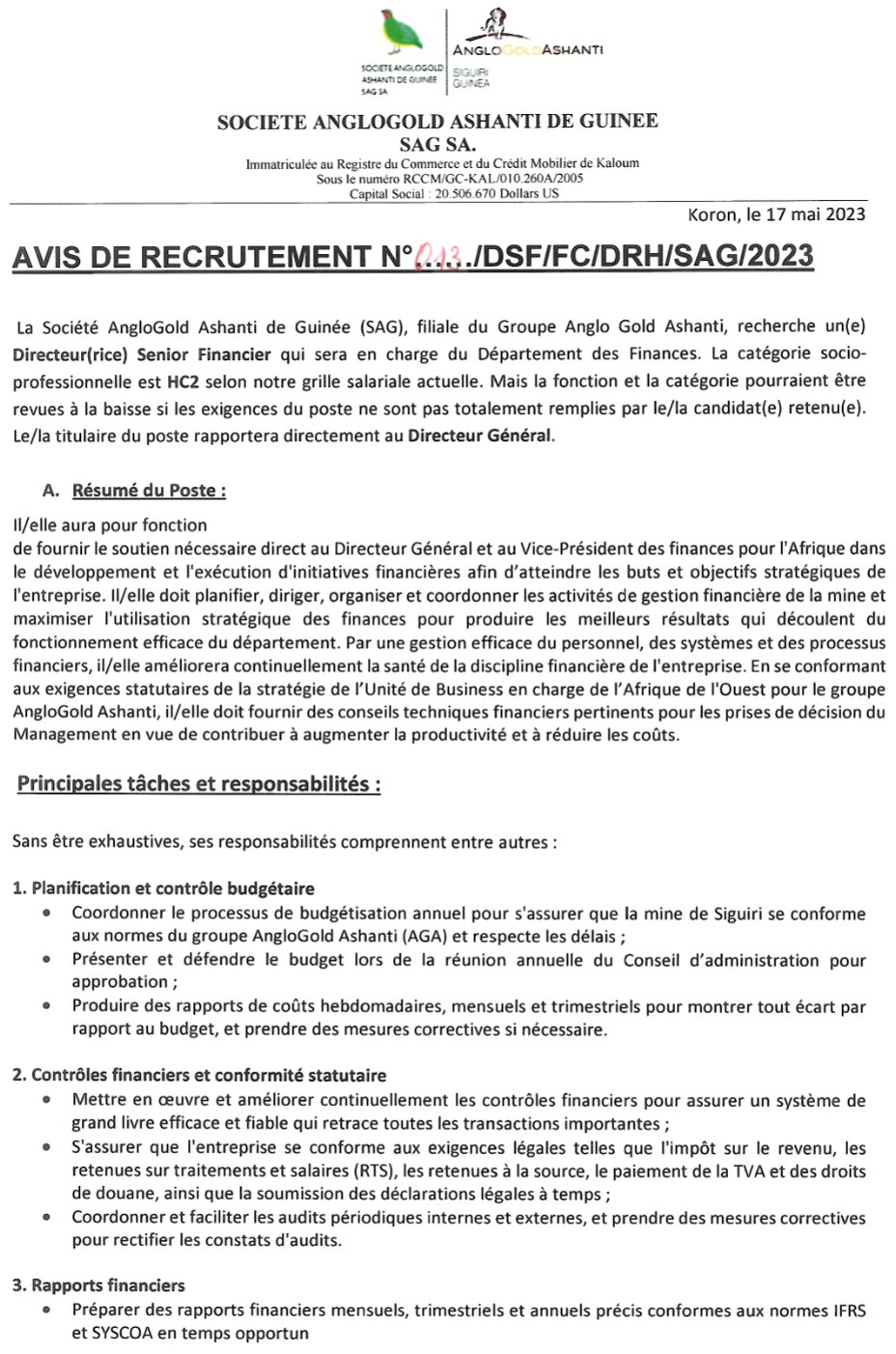 Avis de recrutement d'un(e) Directeur(rice) Senior Financier | Page 1