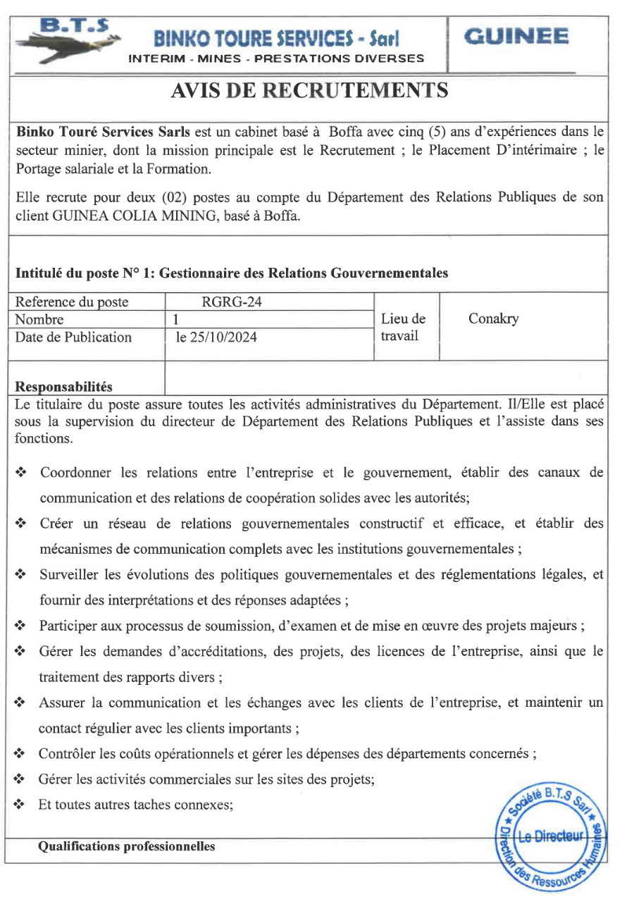 Recrutement D’un Gestionnaire des Relations Gouvernementales Et  D’un Gestionnaire des Affaires Générales | Page 1