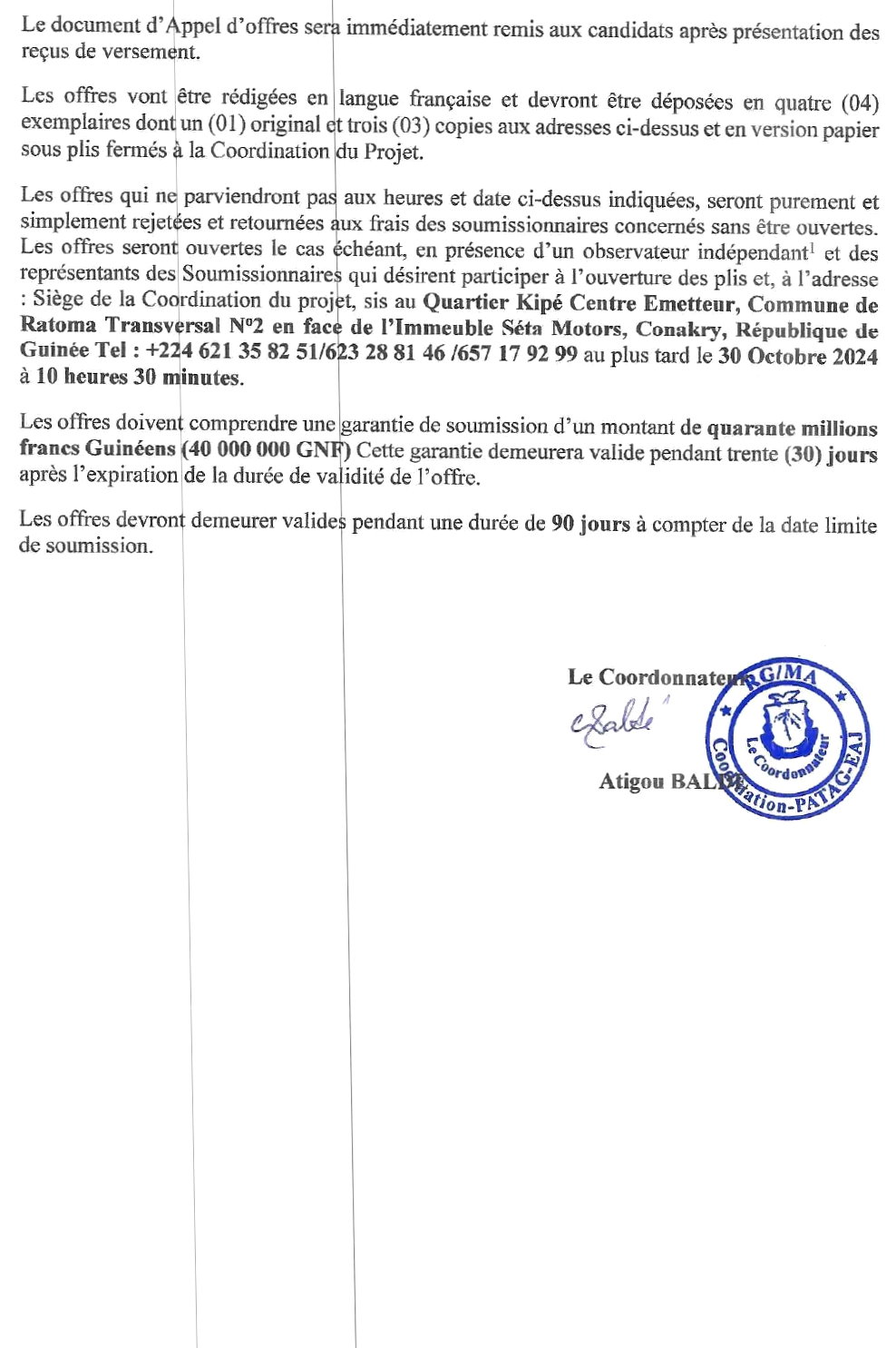 Avis d'Appel d'Offres Nationale (AAON) Pour le marché d'Achat et fournitures de Petits Matériels de Bureau du Proj t PATAG-EAJ en lot unique | Page 2
