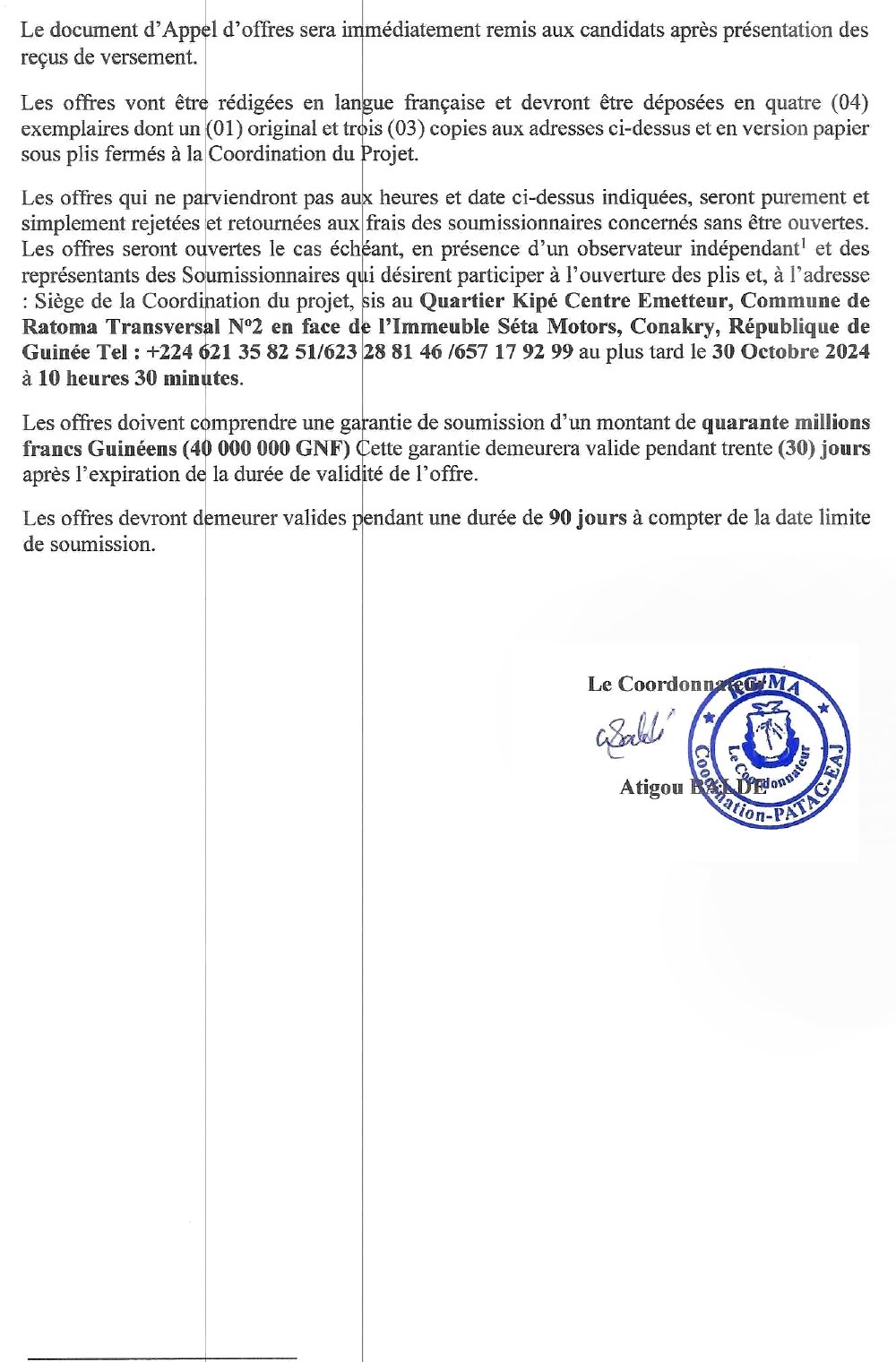 Avis d'appel d'offres pour le Marché d'Achat de produits spécifiques agricoles pour le compte du Projet PATAG-EAJ | Page 2