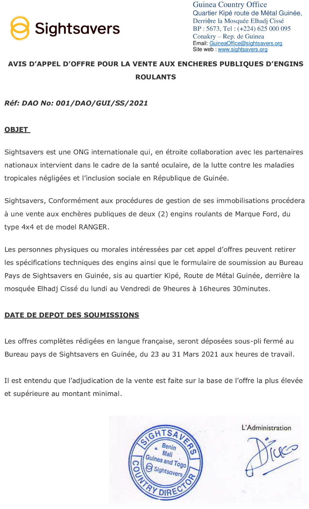 Avis D’appel D’offre Pour La Vente Aux Encheres Publiques D’engins Roulants