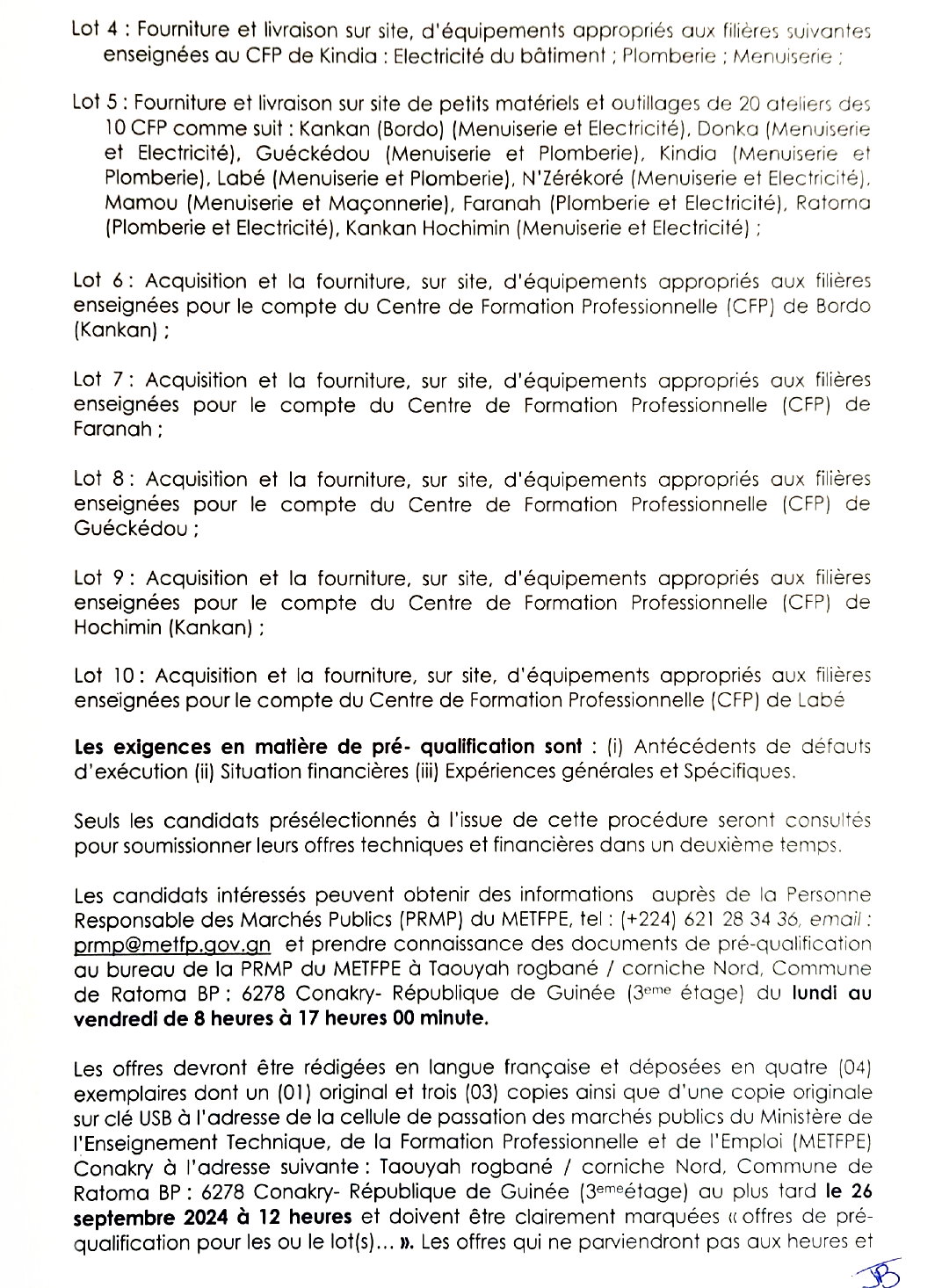 Avis De Préqualification pour l'acquisition d'équipements appropriés aux filières enseignées pour le compte du Centre de Formation Professionnelle (CFP) de Donka, de Matoto, de Lambayi, de Kindia, de Bordo (Kankan), de Faranah, de Guéckédou, de Hochimin (Kankan), de Labé et l'acquisition d'équipements de vingt (20) ateliers de dix (10) Centres de Formation Professionnelles | Page 2