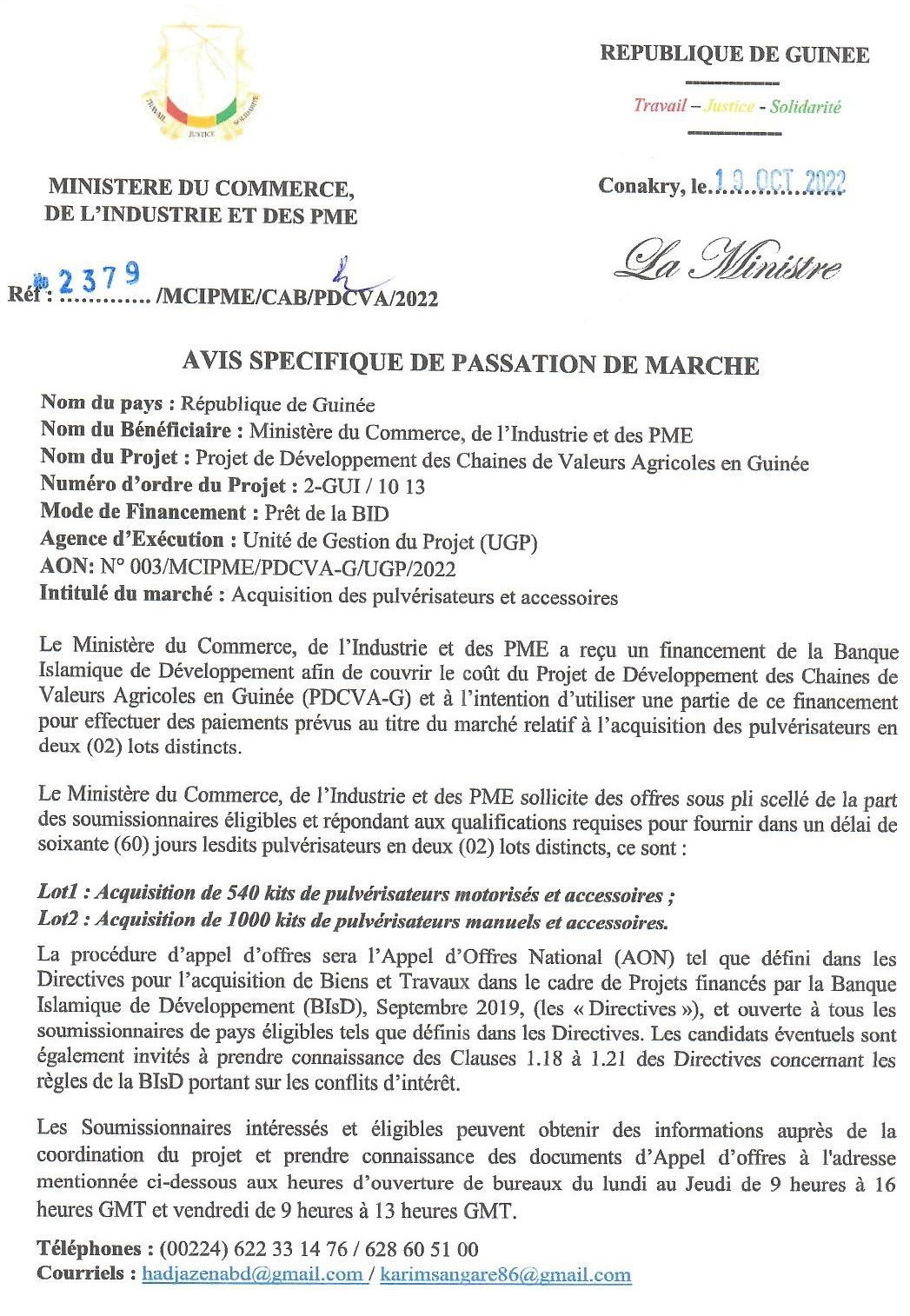 Avis spécifique de passation de marché pour l'Acquisition des pulvérisateurs et accessoires | Page 1