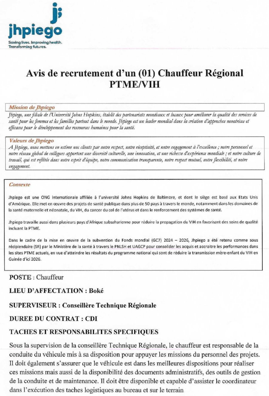 Avis de recrutement d'un (01) Chauffeur Régional PTM E/VIH | Page 1