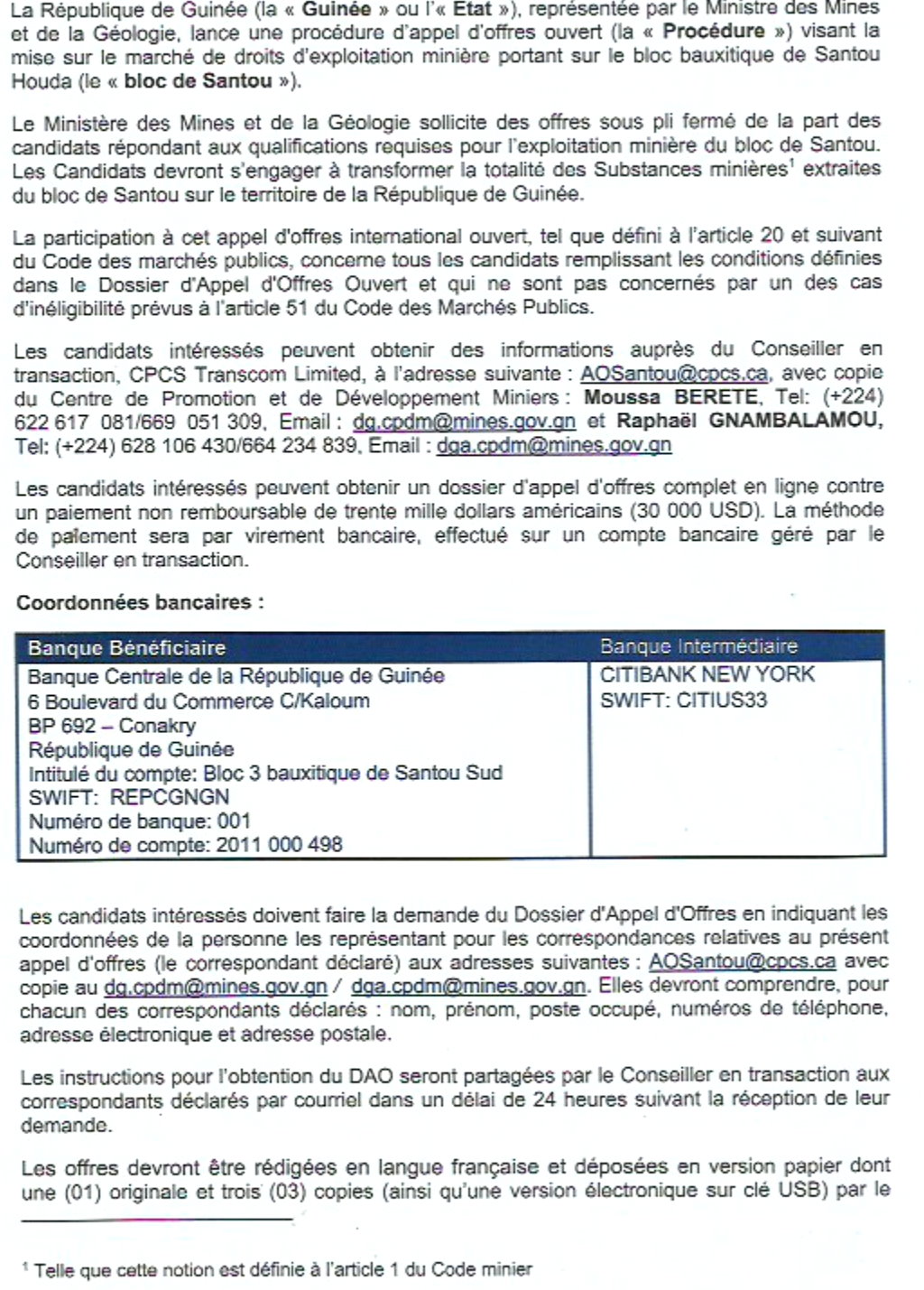 APPEL D'OFFRES INTERNATIONAL OUVERT POUR LA MISE EN EXPLOITATION DU BLOC BAUXITIQUE DE SANTOU (TELIMELE) | Page 2