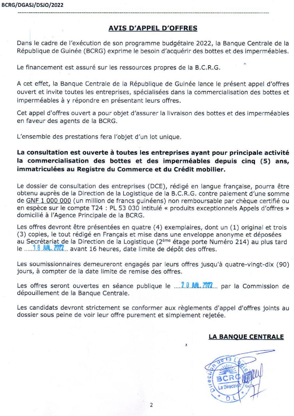 Avis d'appel d'offres pour la livraison des bottes et des imperméables en faveur des agents de la BCRG