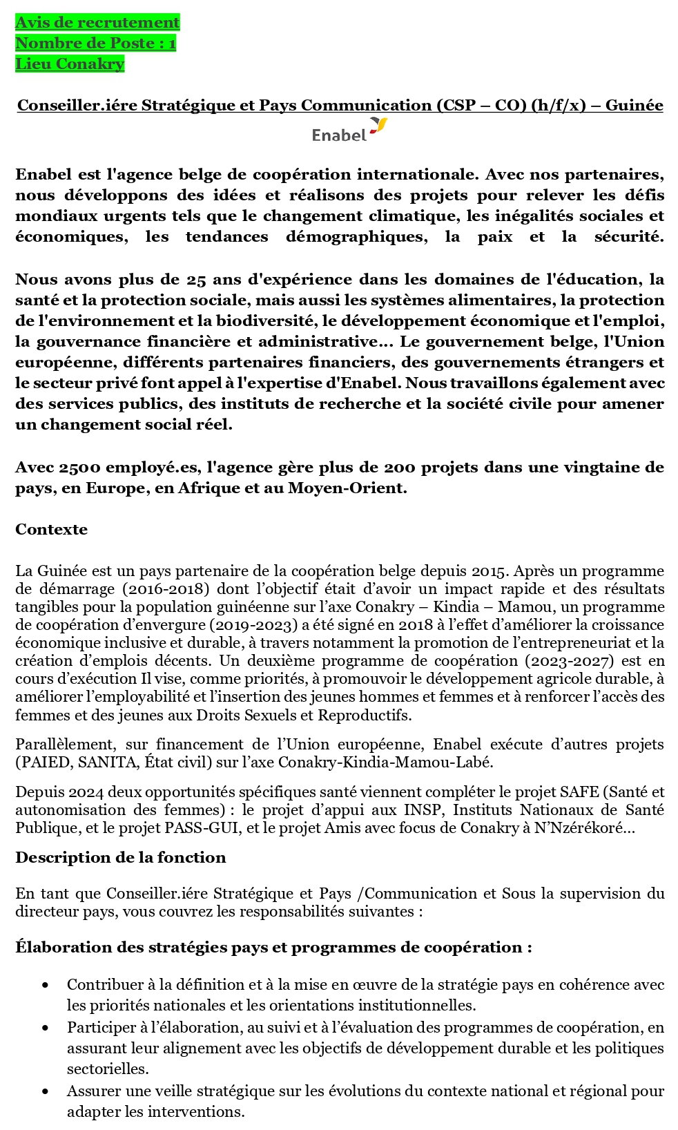 Avis de recrutement d'un.e conseiller.iére stratégique et pays communication (csp – co) (h/f/x) – guinée | Page 1