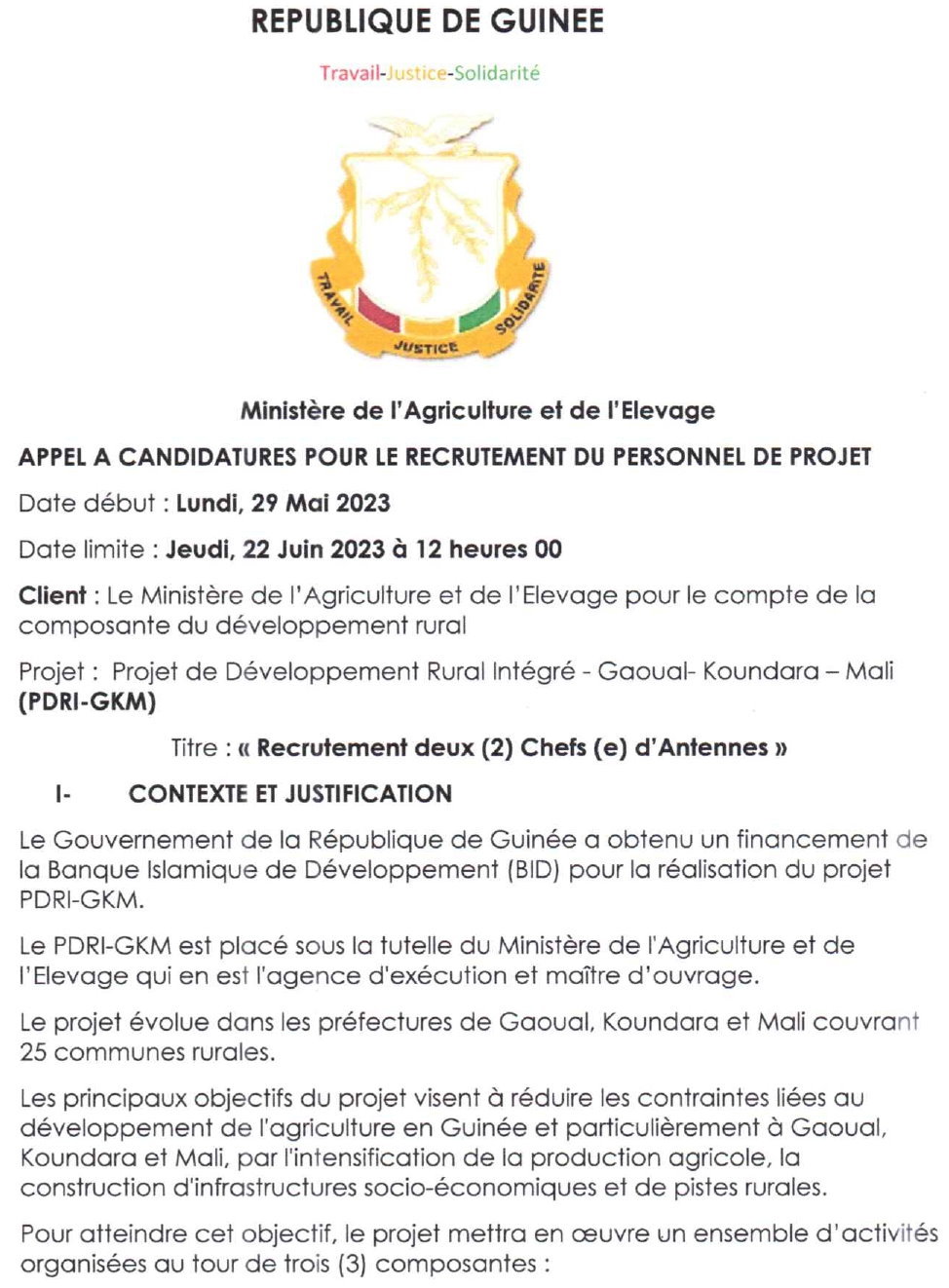 Avis de Recrutement deux (2) Chefs (e) d'Antennes | Page 1