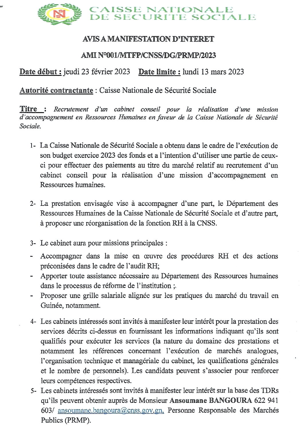 Avis de Recrutement d'un cabinet conseil pour la réalisation d'une mission d'accompagnement en Ressources Humaines en faveur de la Caisse Nationale de Sécurité Sociale | Page 1