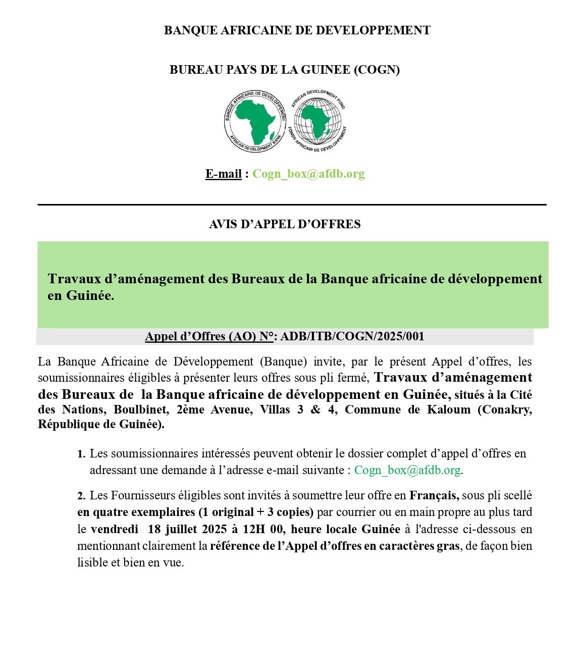 Avis d’appel d’offres pour des travaux d’aménagement des bureaux de la banque africaine de développement en guinée | Page 1
