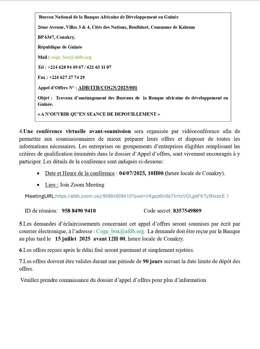 Avis d’appel d’offres pour des travaux d’aménagement des bureaux de la banque africaine de développement en guinée | Page 2