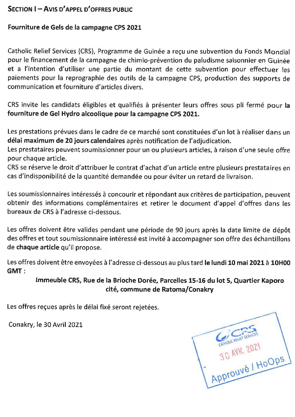 Appel d'Offre pour pour la fourniture de gels hydro alcoolique - CRS