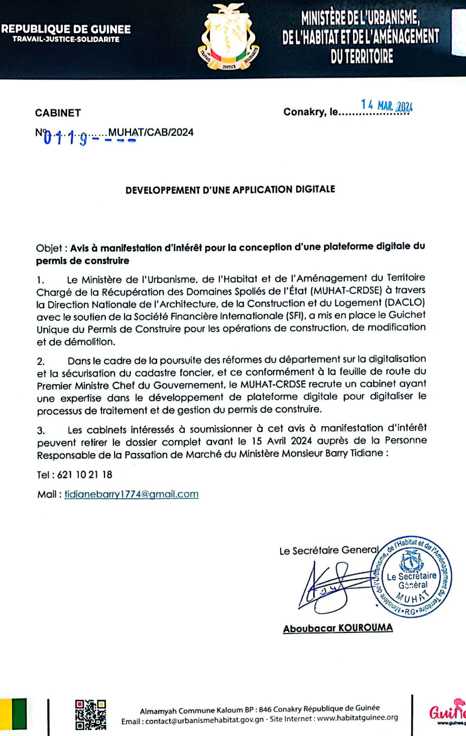 Avis à manifestation d'intérêt pour la conception d'une plateforme digitale du permis de construire