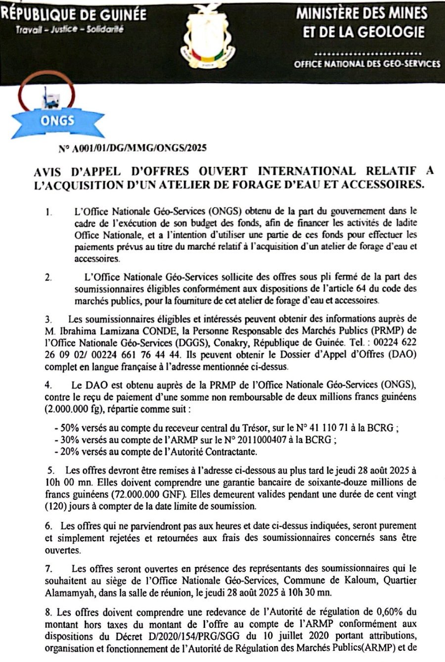 AVIS D'APPEL D'OFFRES OUVERT INTERNATIONAL RELATIF A L'ACQUISITION D'UN ATELIER DE FORAGE D'EAU ET ACCESSOIRES | Page 1