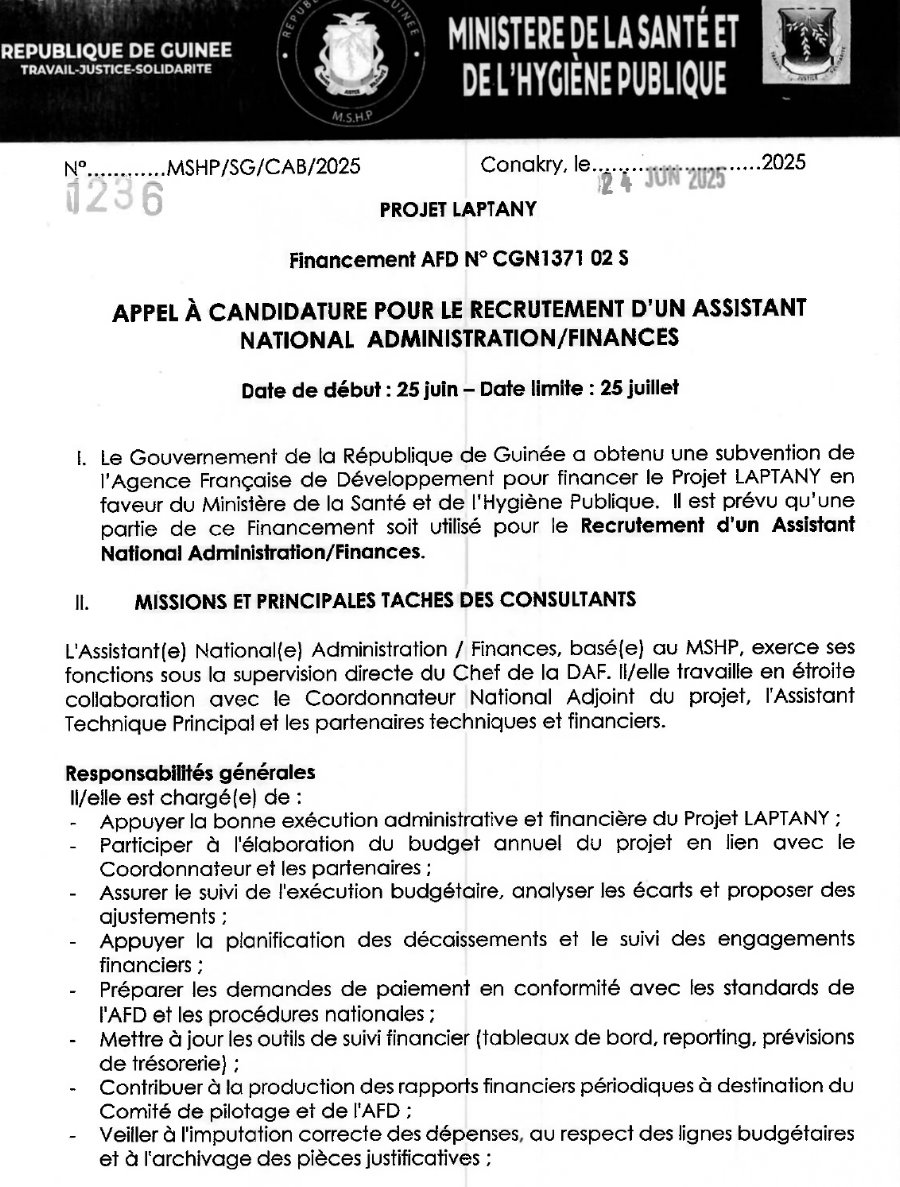 Appel À candidature pour le recrutement d'un assistant national administration/finances | Page 1