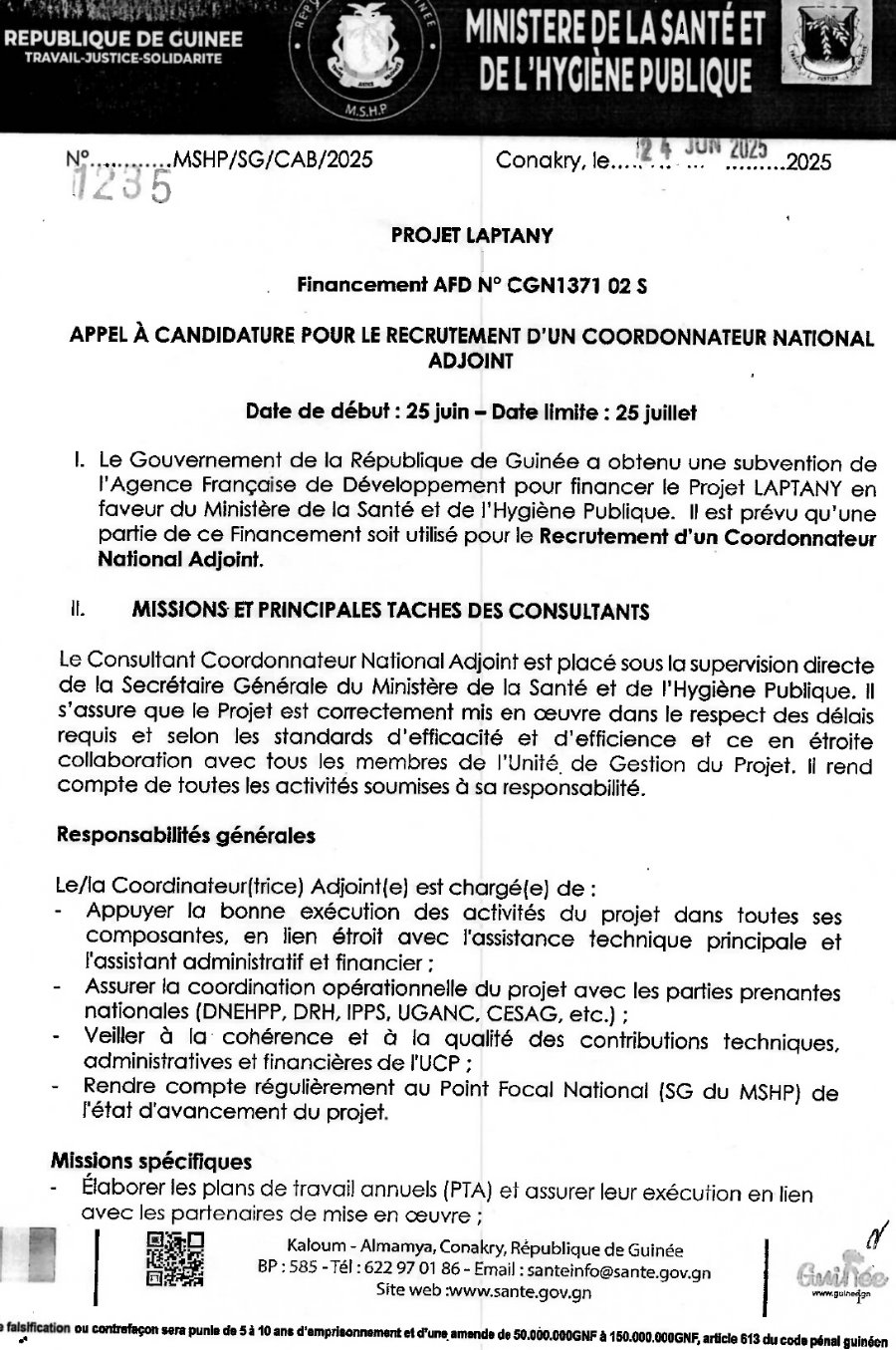 Appel À candidature pour le recrutement d'un coordonnateur national adjoint | Page 1