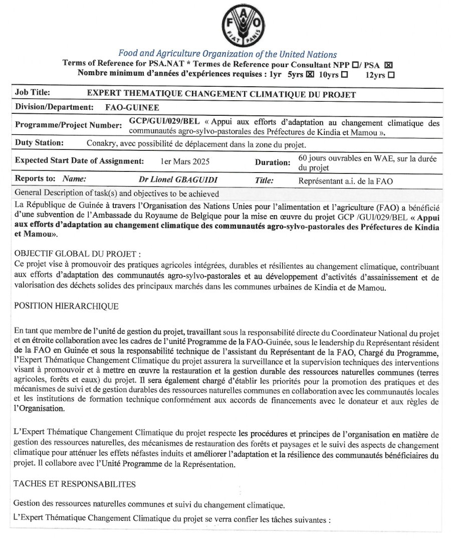 Avis de recrutement d'un expert thematique changement climatique du projet | Page 1