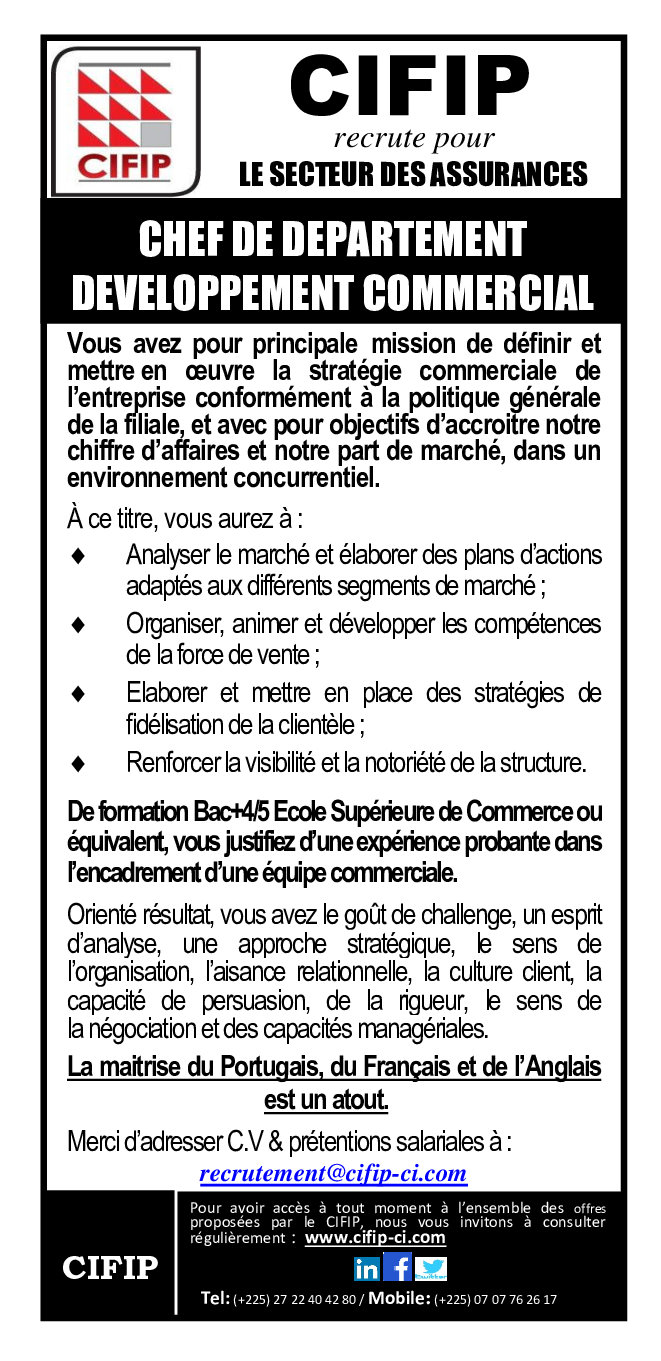 Recrutement D'un Chef De Département Développement Commercial | Page 1
