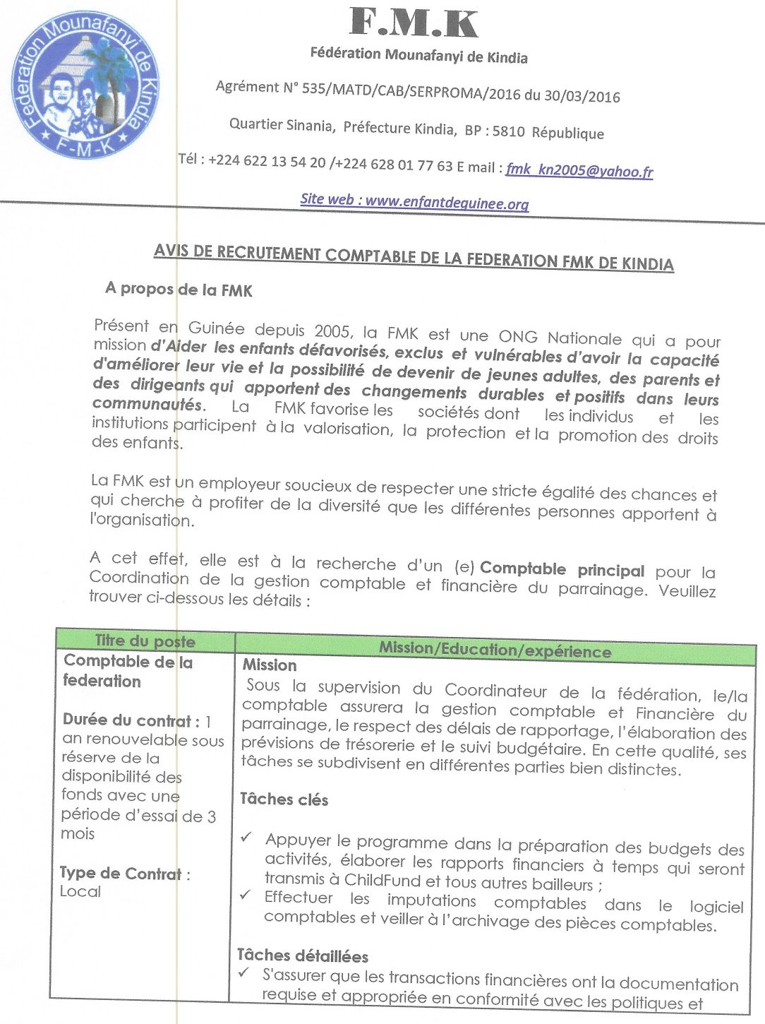 AVIS DE RECRUTEMENT COMPTABLE DE LA FEDERATION FMK DE KINDIA | page 1