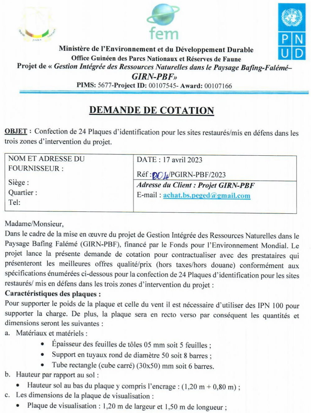 Avis d'appel d'offres pour la confection de 24 Plaques d'identification pour les sites restaurés/mis en défens dans les trois zones d'intervention du projet | Page 1