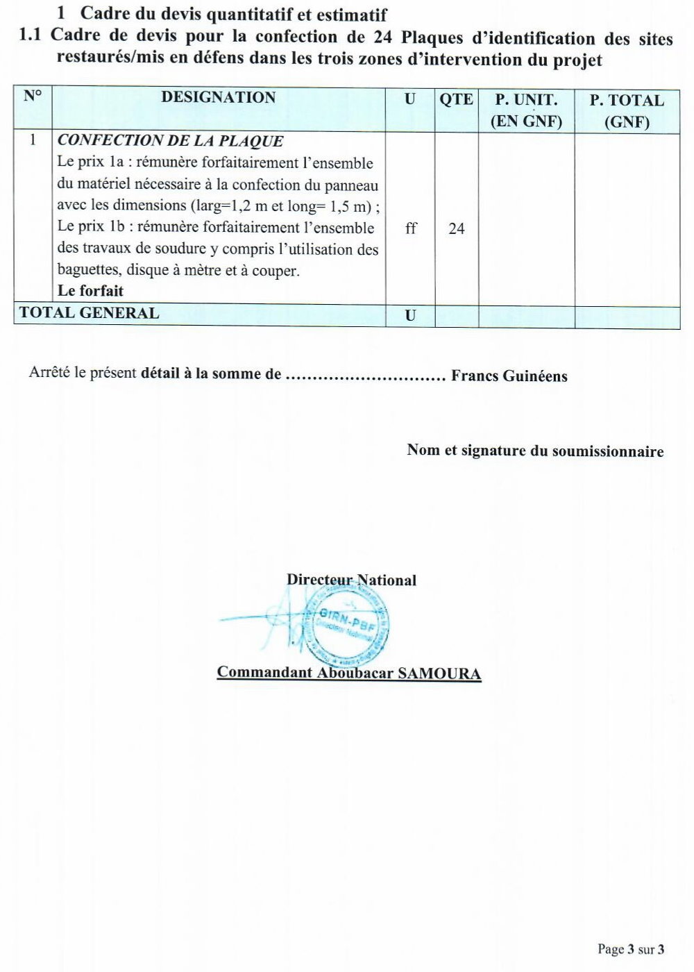 Avis d'appel d'offres pour la confection de 24 Plaques d'identification pour les sites restaurés/mis en défens dans les trois zones d'intervention du projet | Page 3