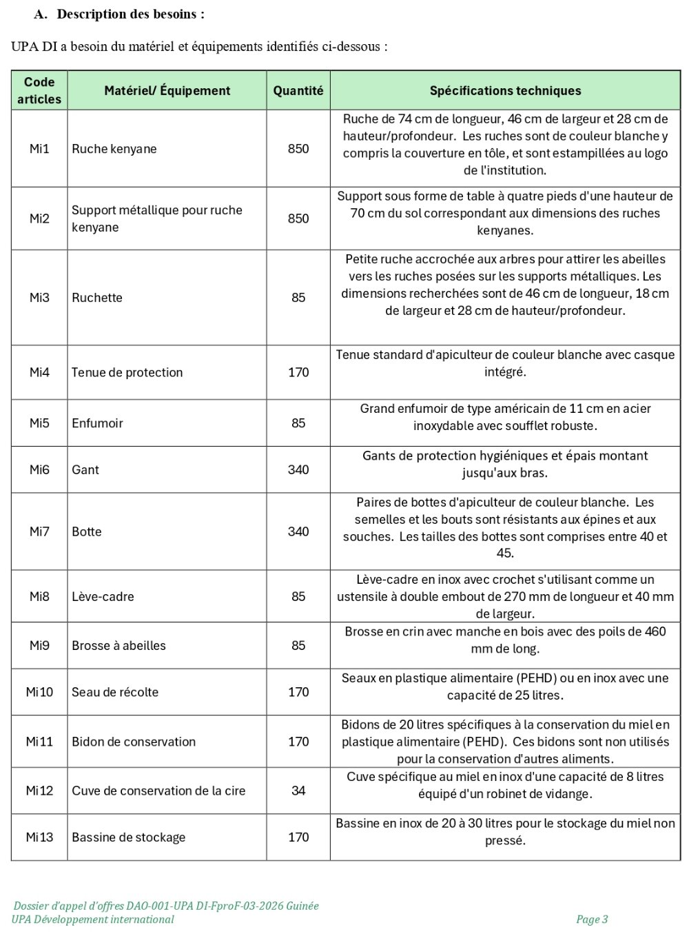 DAO-001-UPA: APPEL D’OFFRE RELATIF A LA FOURNITURE DE MATERIEL ET D’EQUIPEMENTS POUR LA MISE EN PLACE DE POLES DE DEVELOPPEMENT ET INFRASTRUCTURES AGRICOLES DANS LE PARC NATIONAL DU MOYEN BAFING (PNMB) | Page 3
