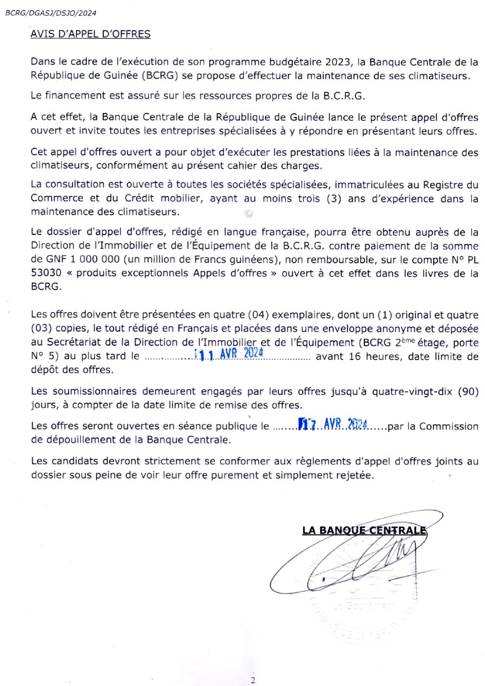 Avis d'appel d'offres pour la maintenance des climatiseurs 