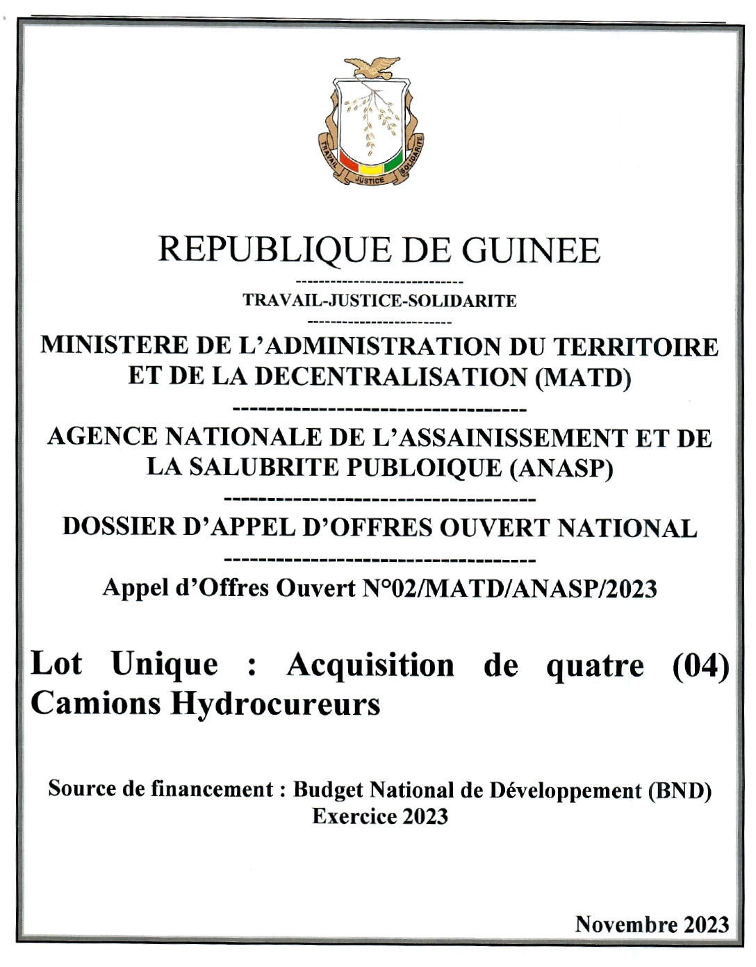 Avis d'appel d'offres ouvert national pour l'Acquisition de quatre (04) Camions Hydrocureurs | Page 1