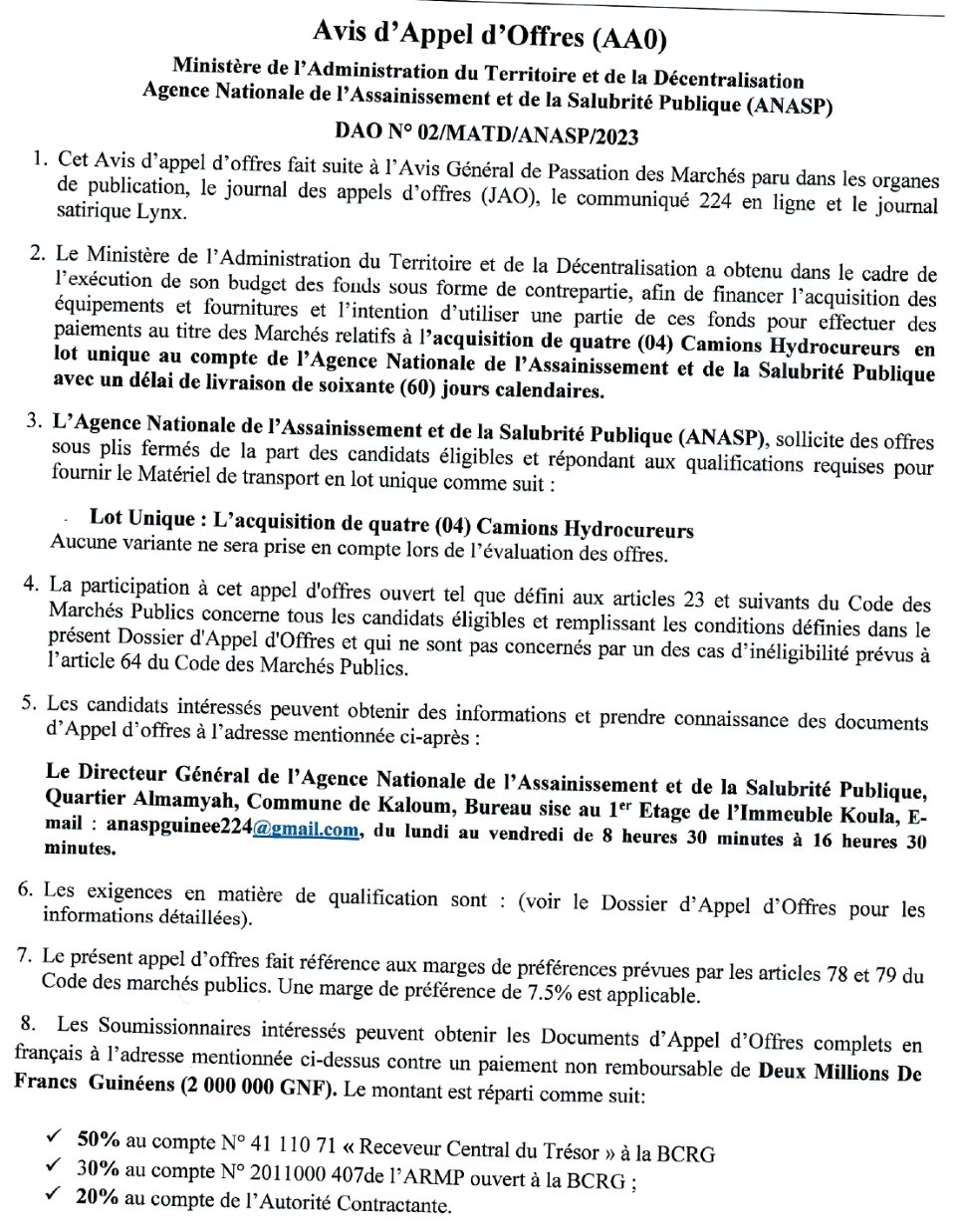 Avis d'appel d'offres ouvert national pour l'Acquisition de quatre (04) Camions Hydrocureurs | Page 2