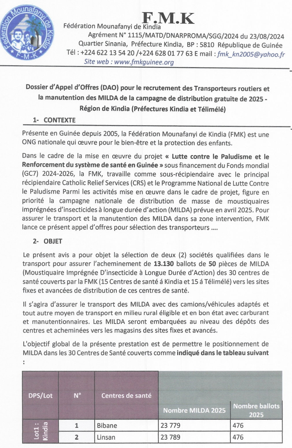 Relance: Avis de recrutement des Transporteurs routiers et la manutention des MILDA de la campagne de distribution gratuite de 2025 | Page 1