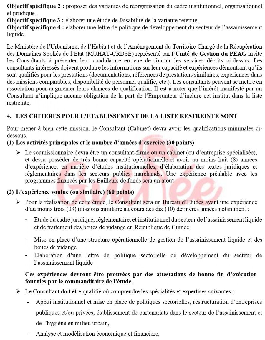 RECRUTEMENT D’UN CONSULTANT (CABINET) POUR L’ETUDE INSTITUTIONNELLE DU SECTEUR DE L’ASSAINISSEMNT EN MILIEU URBAIN EN GUINEE | Page 2