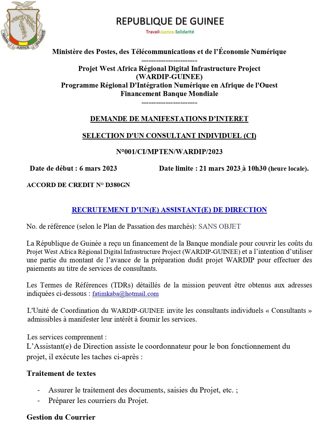 Demande De Manifestations D’intérêt Pour Le Recrutement D’un(E) Assistant(E) De Direction | Page 1