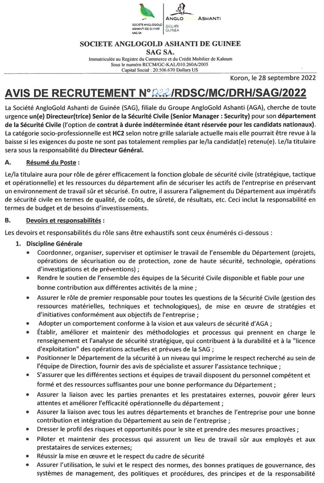 Avis de recrutement d'un(e) Directeur(trice) Senior de la Sécurité Civile (Senior Manager : Security) | page  1