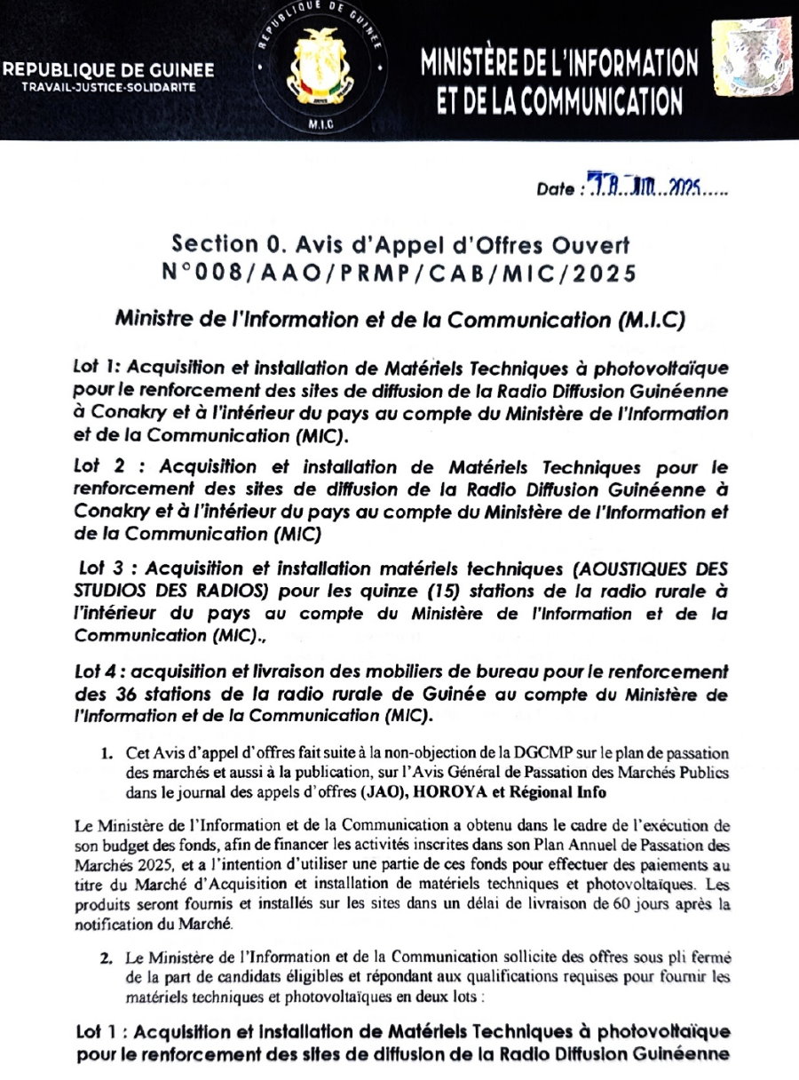 Avis d'appel d'offres ouvert pour l'Acquisition et installation de Matériels Techniques et acquisition et livraison des mobiliers de bureau | Page 1